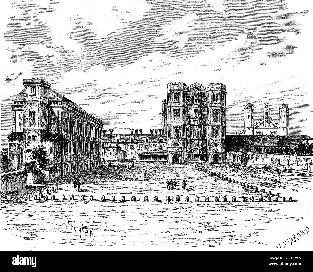 Hamptoncourt Castle, Hampton Court Palace, London, England, im 17. Jahrhundert / Schloss Hamptoncourt, Hampton Court Palace, London, England, im 17. Jahrhundert, historisch, digital verbesserte Wiedergabe eines Originals aus dem 19. Jahrhundert / Digitale Produktion einer Originalanlage aus dem 19. Jahrhunderts Stockfoto