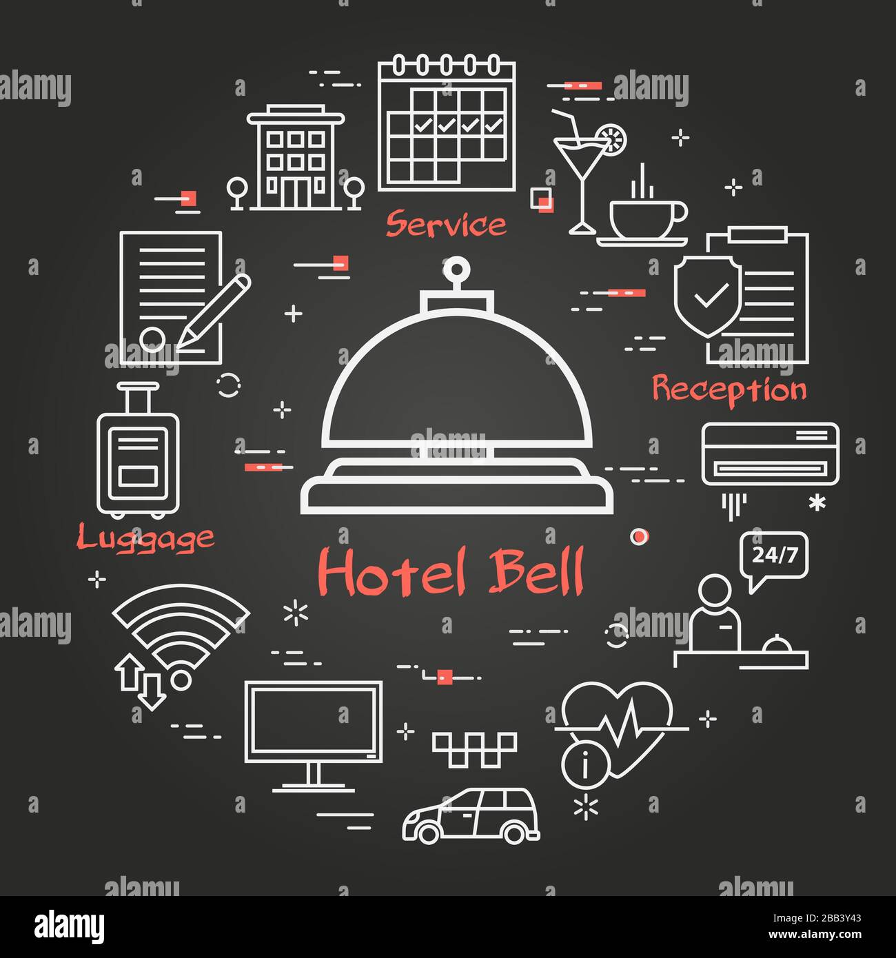 Vector Black Hotel Service Square Konzept - Hotel Bell Icon Stock Vektor