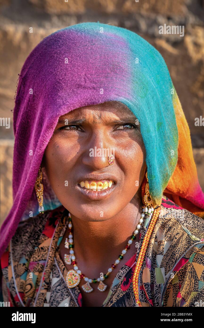 Frau, Porträt, Jaisalmer, Rajasthan, Indien Stockfoto