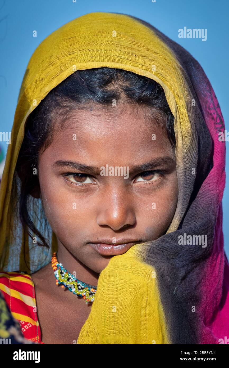 Porträt eines indischen Mädchens, Wüste Thar, Rajasthan, Indien Stockfoto