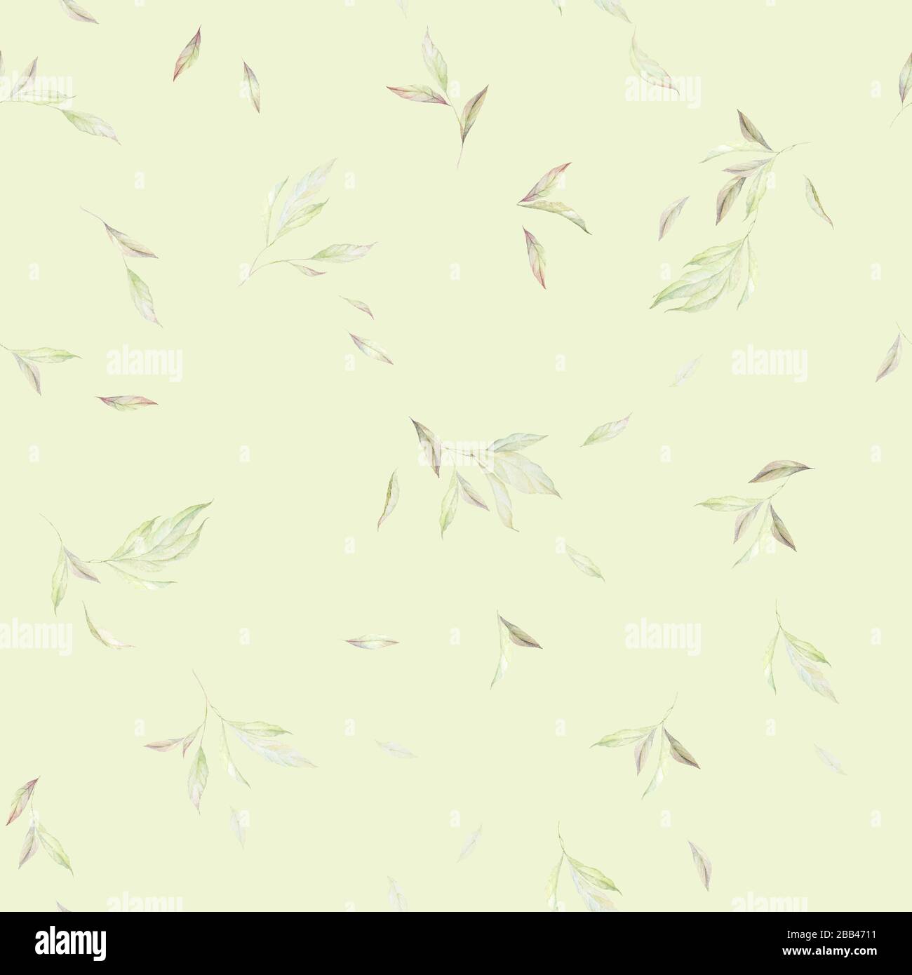 Nahtloses Muster. Modehintergrund. Üppige Blätter. Aquarell. Wanddekor. Druckqualität. Hellgrüner Hintergrund. Stockfoto