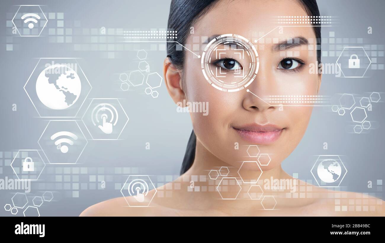 Augenuntersuchung asiatischer Frauen, Collage mit Informationen auf transparentem Bildschirm, freier Speicherplatz. Panorama Stockfoto