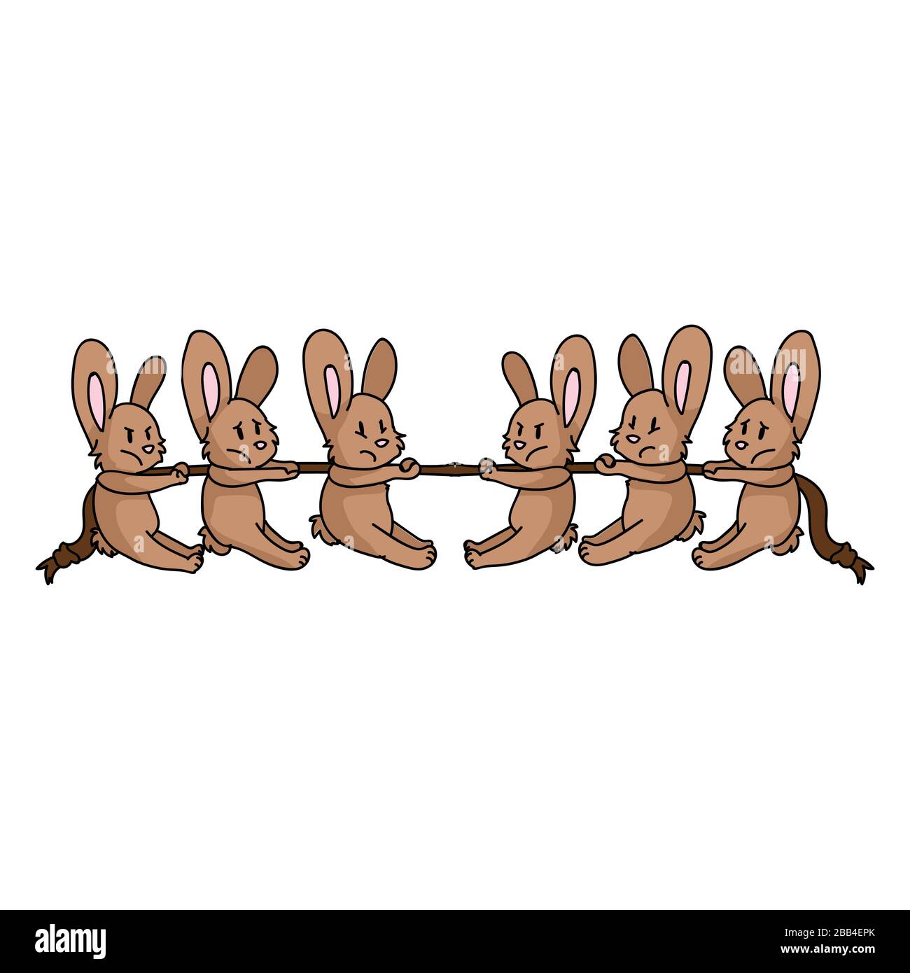 Mit der Hand gezeichnete, niedliche Kaninchen, die mit Kriegsvektorillustration spielen. Wettbewerbsfähige Bemühungen, Seilsport zu gewinnen. Cartoon-Grafik mit Teamarbeit und Stärke Stock Vektor