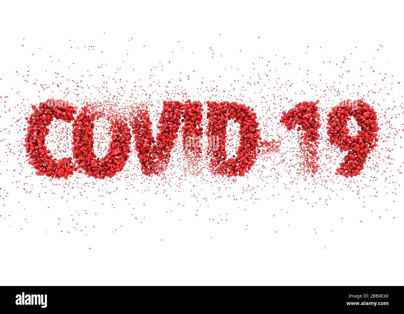 Ein Text aus der Nahansicht, der aus roten Virusmolekülen besteht und das Wort "Kovid 19" auf weißem Hintergrund ausschließt - 3D-Rendering Stockfoto