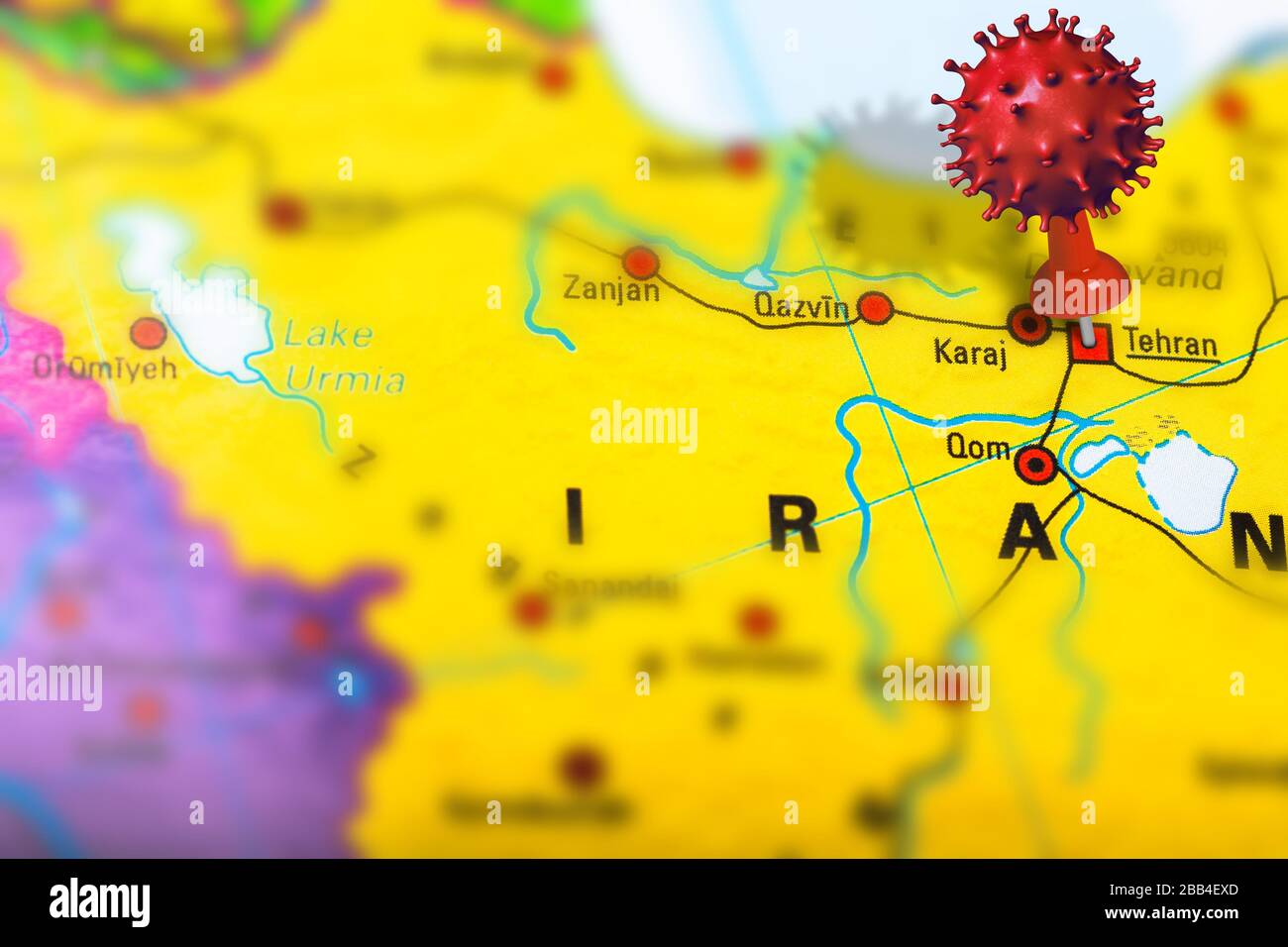 Covid-19-Ausbruch oder neues Coronavirus, 2019-nCoV, Virus-Pin in Teheran auf der Karte des Iran. Covid 19-NCP-Virus: Ansteckung und Ausbreitung von Krankheiten im Iran Stockfoto