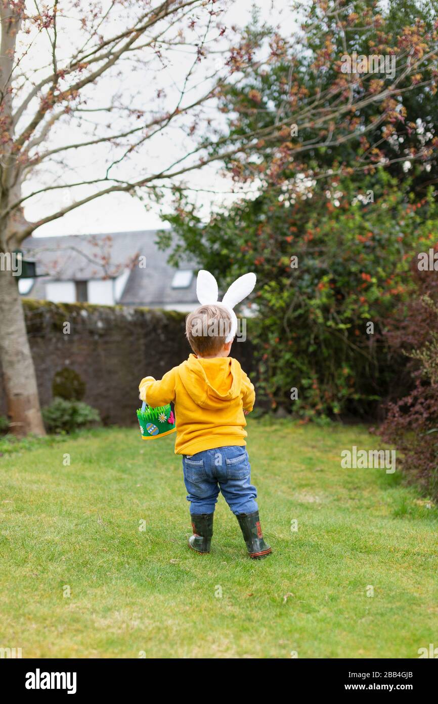 Junge draußen im Garten mit Hünenohren für die Ostereierjagd, Schottland, Großbritannien Stockfoto