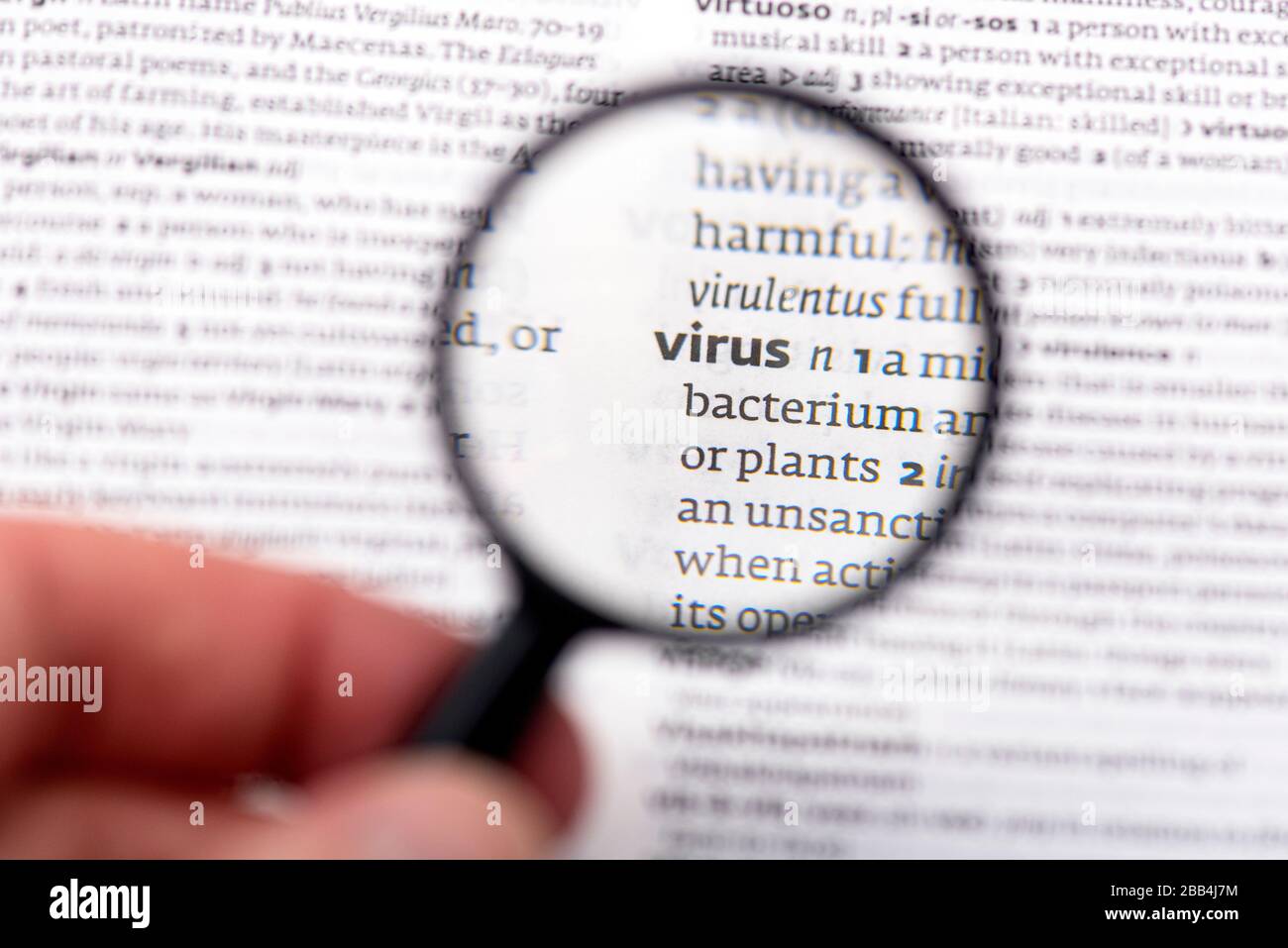 Seite des Buches mit Definition von Word Virus im Wörterbuch Stockfoto