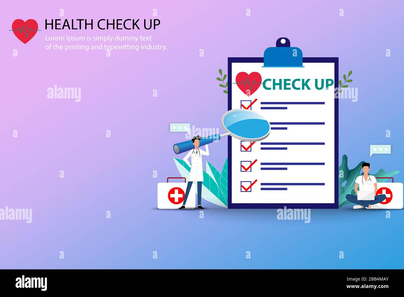 Konzept der medizinischen Gesundheitsprüfung, arbeiten zwei Ärzte an einer großen Gesundheits-Checkliste, um die Patienten in Pastellfarben zu behandeln. Stock Vektor