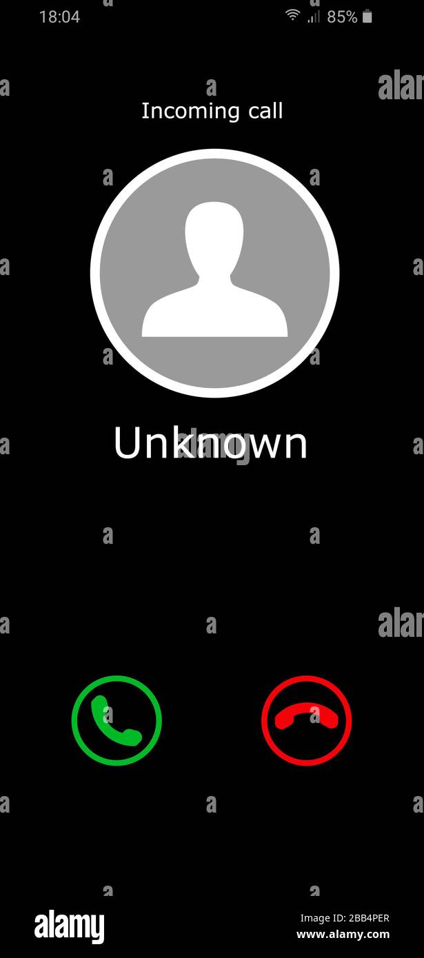 Vorlage für den Bildschirm des Mobiltelefons mit einem eingehenden Anruf von unbekannter Nummer Stockfoto
