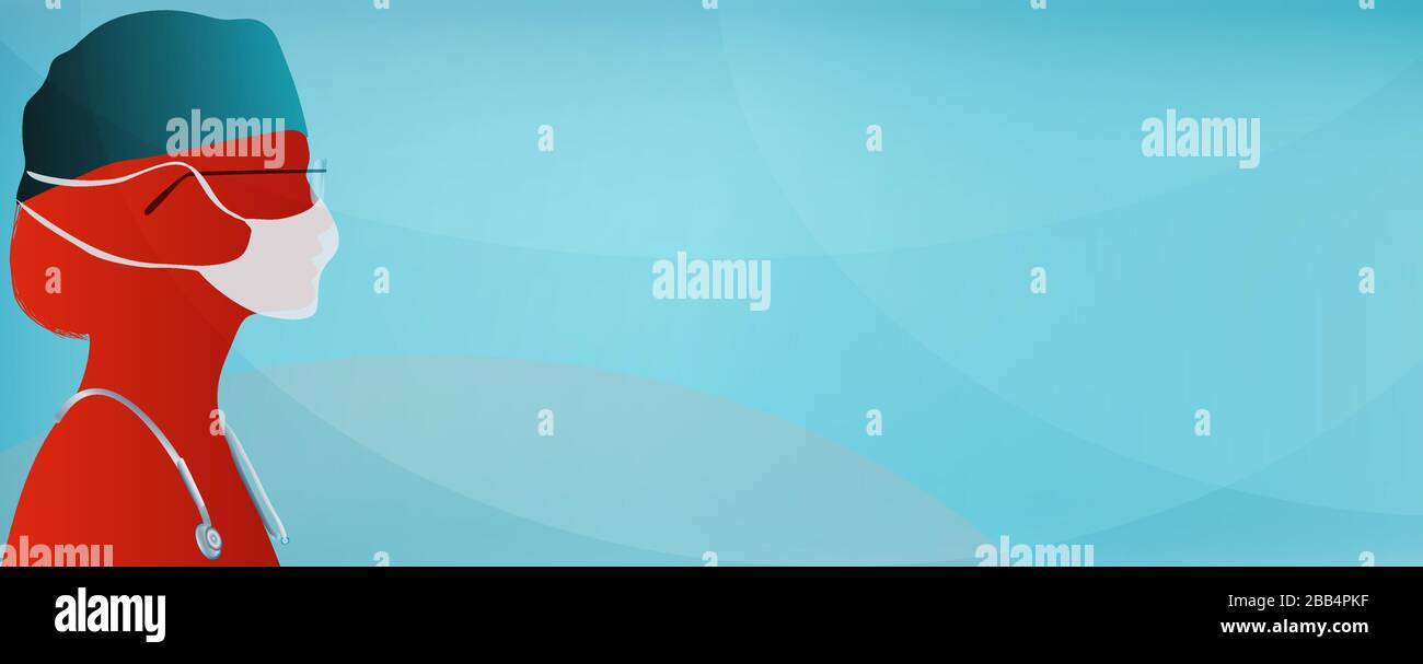 Banner. Portrait-Silhouette-Arzt oder Krankenschwester im Profil, die sich mit einer medizinischen Maske gegen Coronavirus schützt. Panorama Medizin- und Pflegepersonal. Stock Vektor