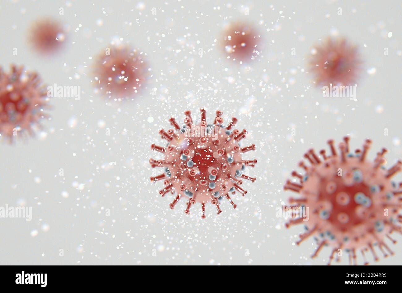 Eine mikroskopische Nahaufnahme von roten Coronavirus-Partikeln in der Luft - 3D-Rendering Stockfoto