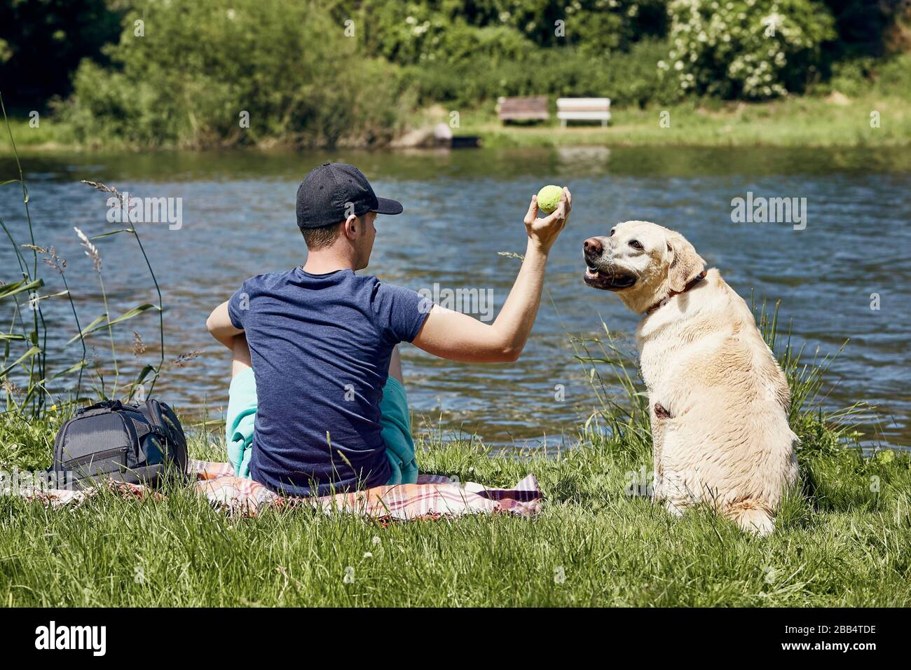 Sommerliche Entspannung mit Hund. Junger Mann, der mit seinem Labrador Retriver am Flussufer spielt. Stockfoto