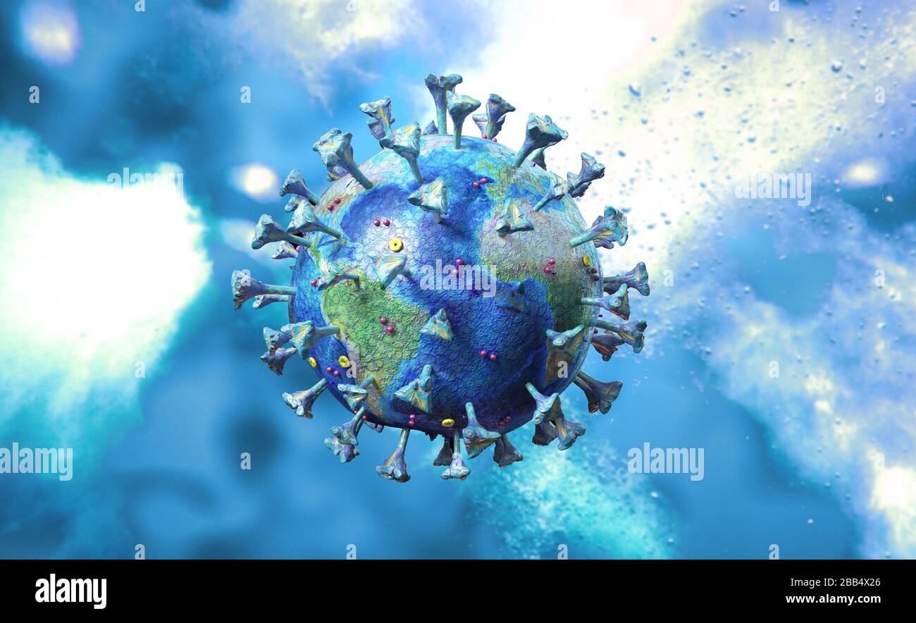 Corona-Virenszene mit detaillierter Struktur und Erdkarte darauf. Blaue Motive auf blauem Hintergrund. 3D-Rendering. Stockfoto