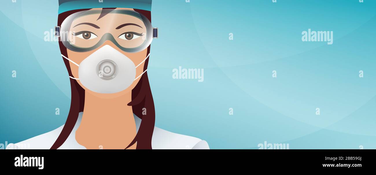 Portraitarzt oder Pfleger schützen sich mit einer Maske und einer medizinischen Brille vor Coronavirus. Banner. Medizinisches und Pflegepersonal. Kommunikation Stock Vektor