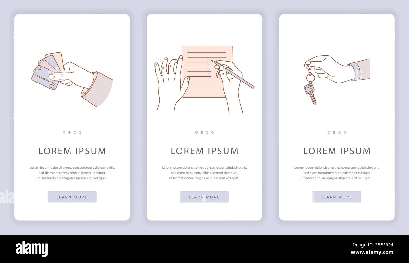 Hypothekenkredit, Mietwagen, Planung Vector Mobile App Bildschirme. Hands Making Wishlist, Checkliste, Einkaufsliste und Hände mit Kreditkarten und Schlüssel Cartoon Outline Website-Vorlage. Stock Vektor