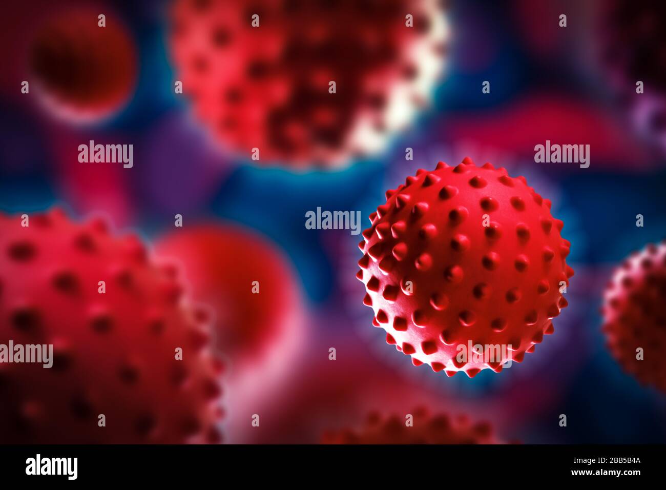 Collage von Grippe COVID-19-Viruszellen im Blut unter dem Mikroskop. Coronavirus Covid-19 Hintergrund. Medizinisches Konzept Stockfoto