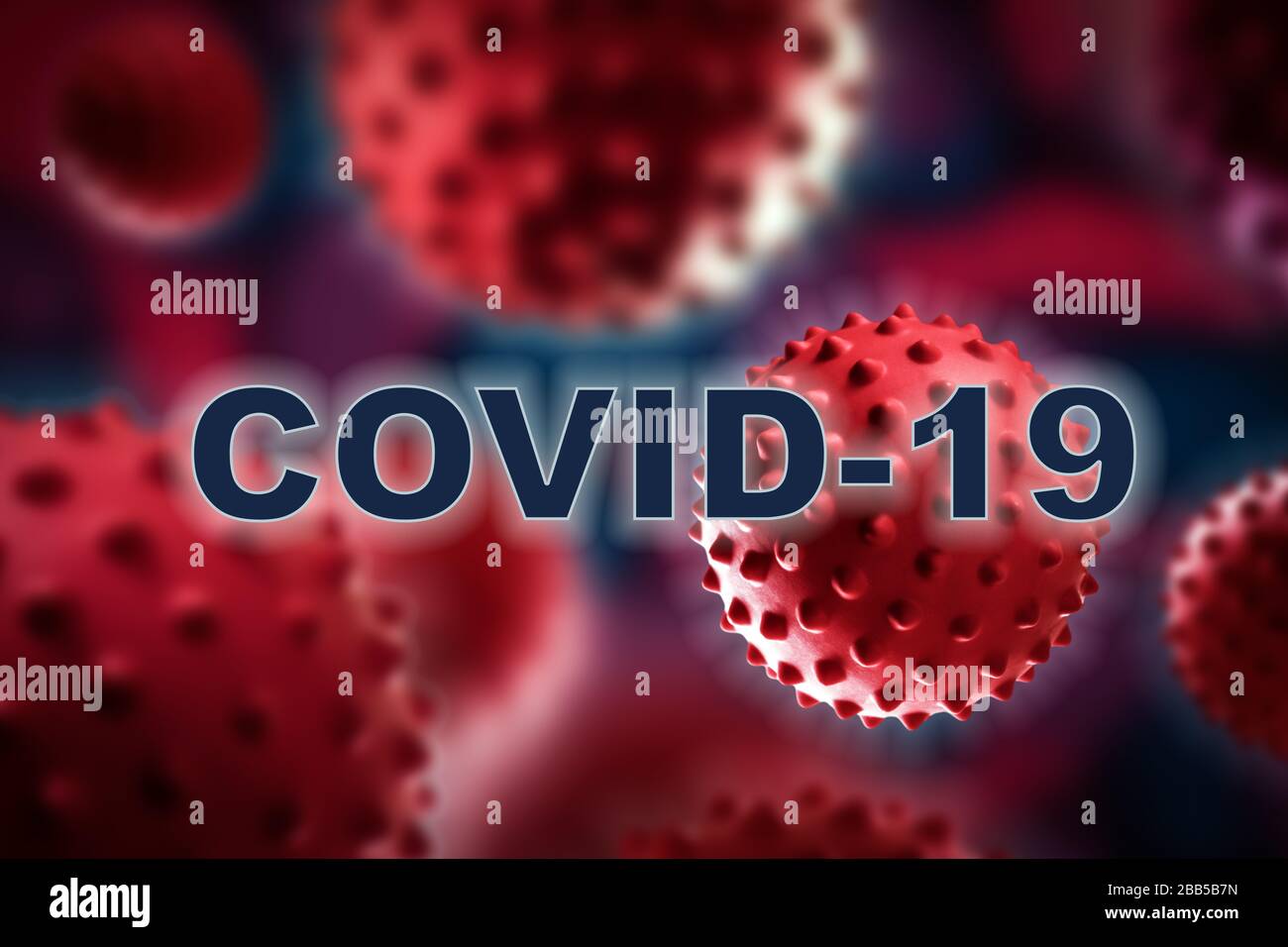 Collage von Grippe COVID-19-Viruszellen im Blut unter dem Mikroskop. Coronavirus Covid-19 Worthintergrund . Medizinisches Konzept Stockfoto