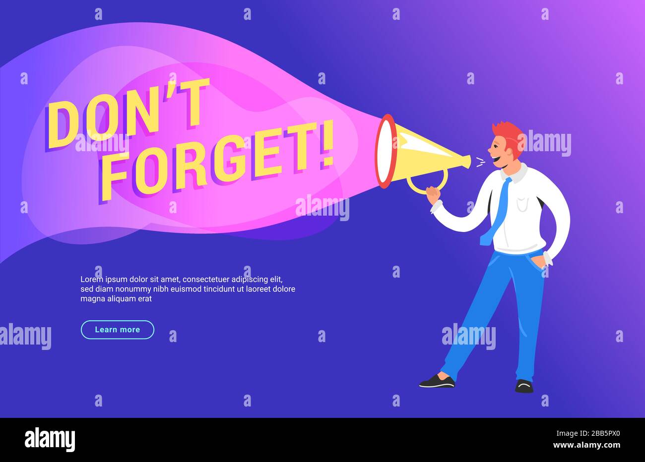 Vergessen Sie nicht die Konzeptvektor-Illustration des glücklichen Managers, der auf Megafon schreit, um an das Gemeinwohl seiner Gemeinde zu erinnern. Helles Gradientendesign für uns Stock Vektor