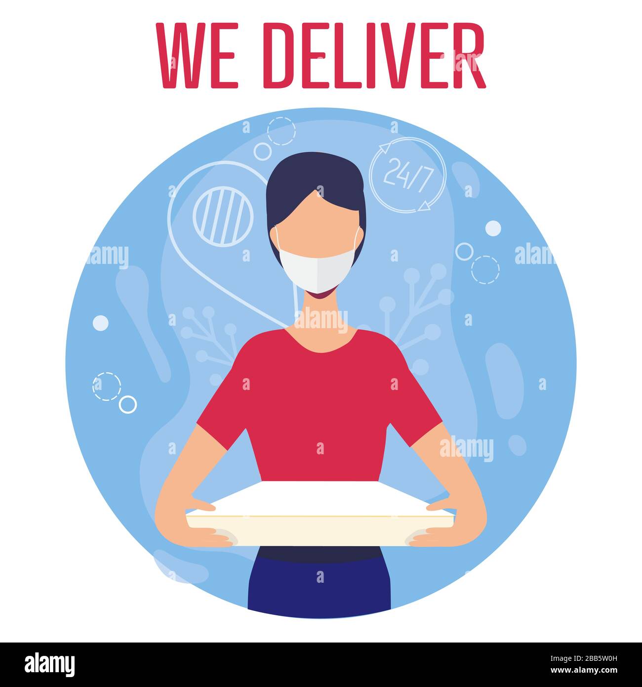 Der maskierte Mann hält Pizzakiste in den Händen. Pizza-Lieferung während der Pandemie. Moderne Welt. Coronavirus. Ausbruch Stock Vektor