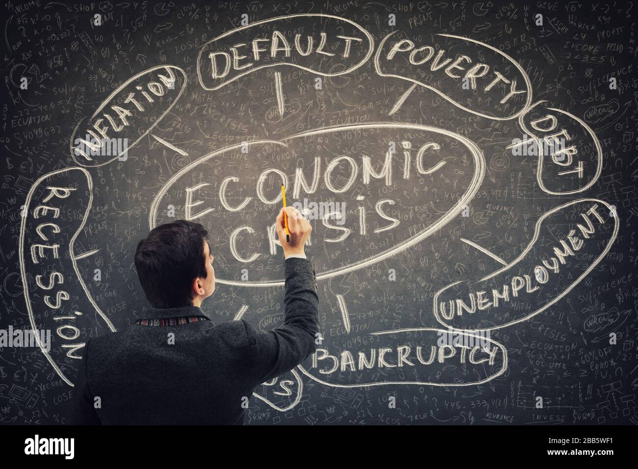 Wirtschaftsanalytiker ziehen Konjunkturkrisenschema und damit verbundene Worte als Rezession und Zahlungsausfall an. Finanzielle Katastrophe globale Auswirkungen auf die zukünftige Wirtschaft. Stockfoto