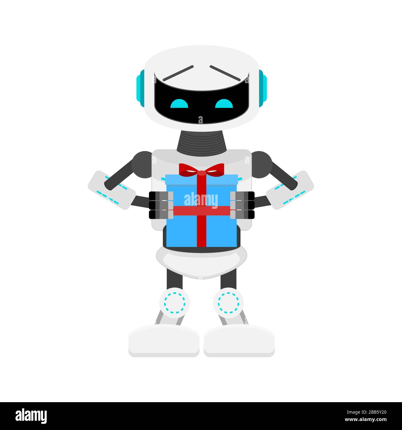 Roboter Geschenk Geschenk, Geburtstag feiern. Vektor grüßt humanoid, künstlicher Intellekt großzügig, Leistungserbringung bot Illustration Stock Vektor