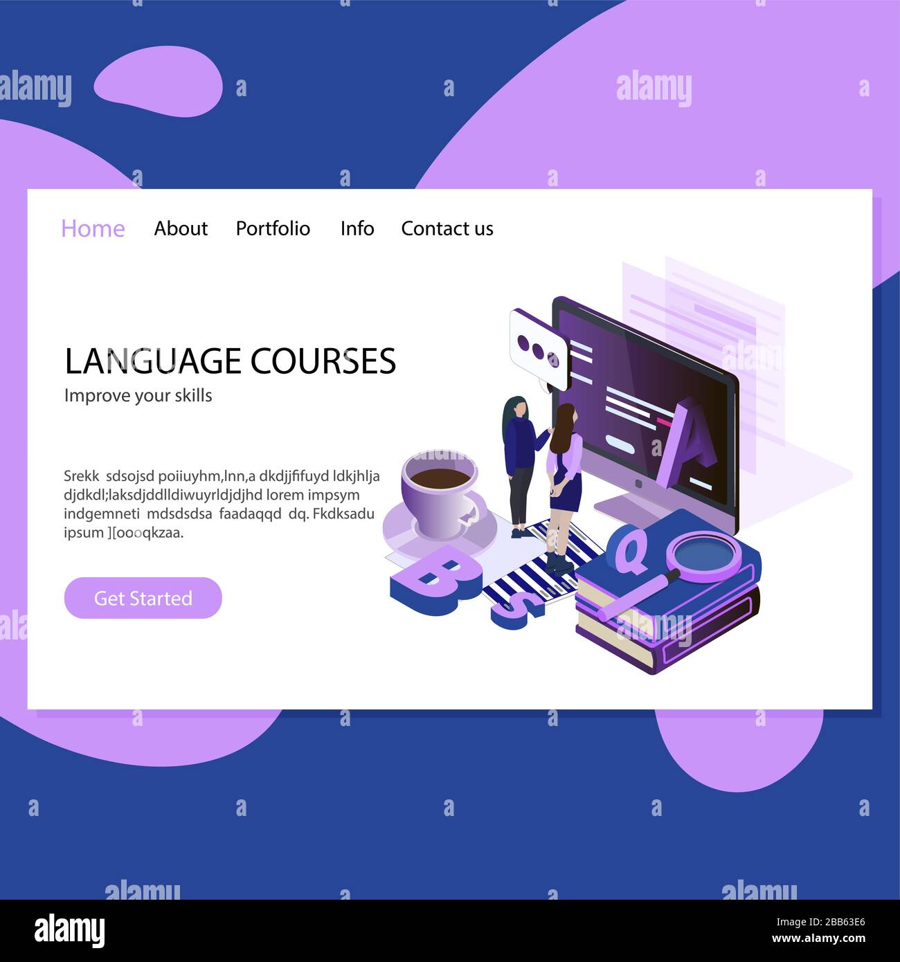 Sprachkurse. Verbessern Sie Ihre Fähigkeiten und Ihre Online-Ausbildung. Ferngesteuertes Fremdsprechen und Lesen, englisch Sprachkurse verspotsen Webseite Stock Vektor