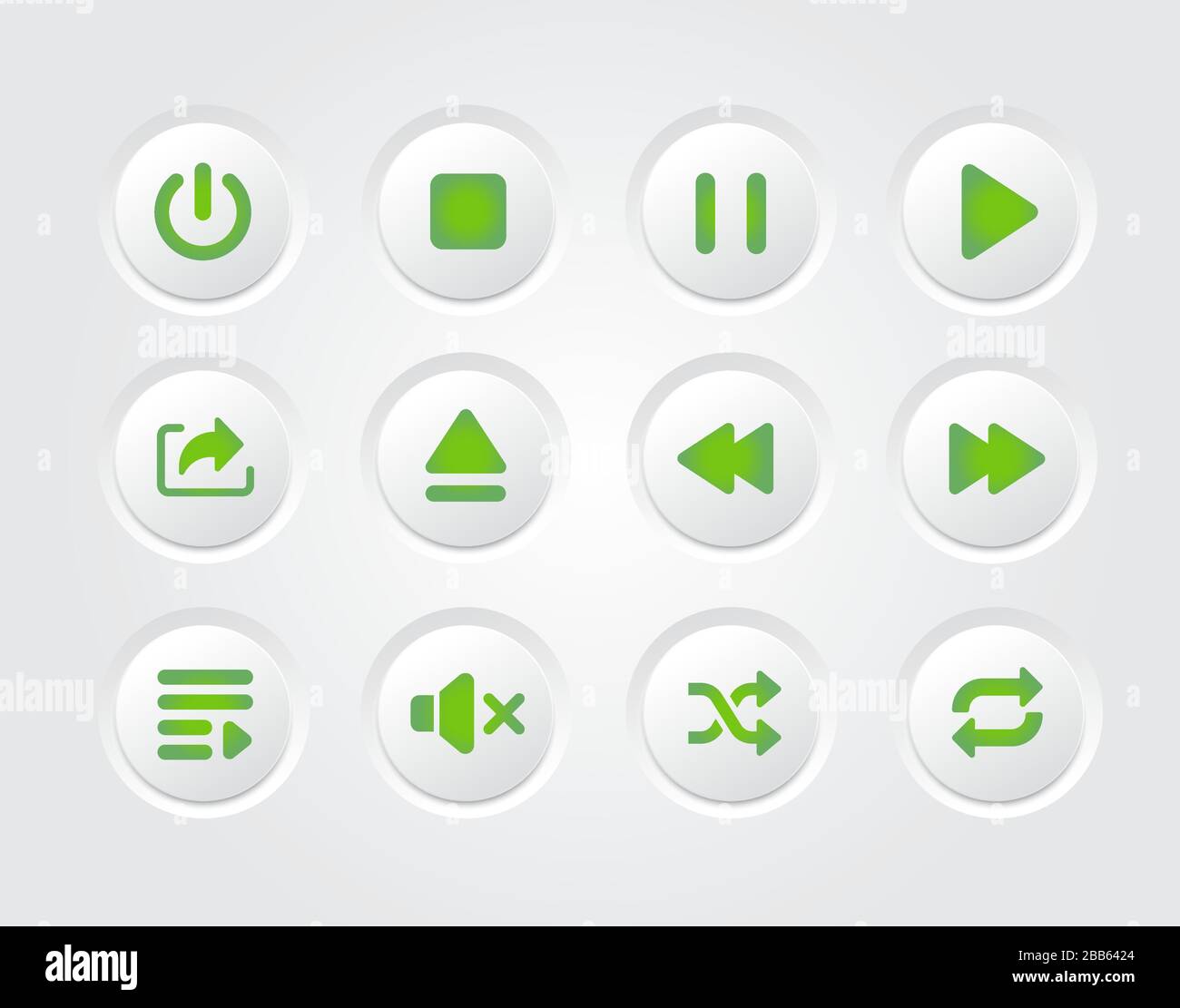 Die Icon Collection des grünen Gradientendesigns für vektorisolierte Musikplayer mit flacher Oberfläche Stock Vektor