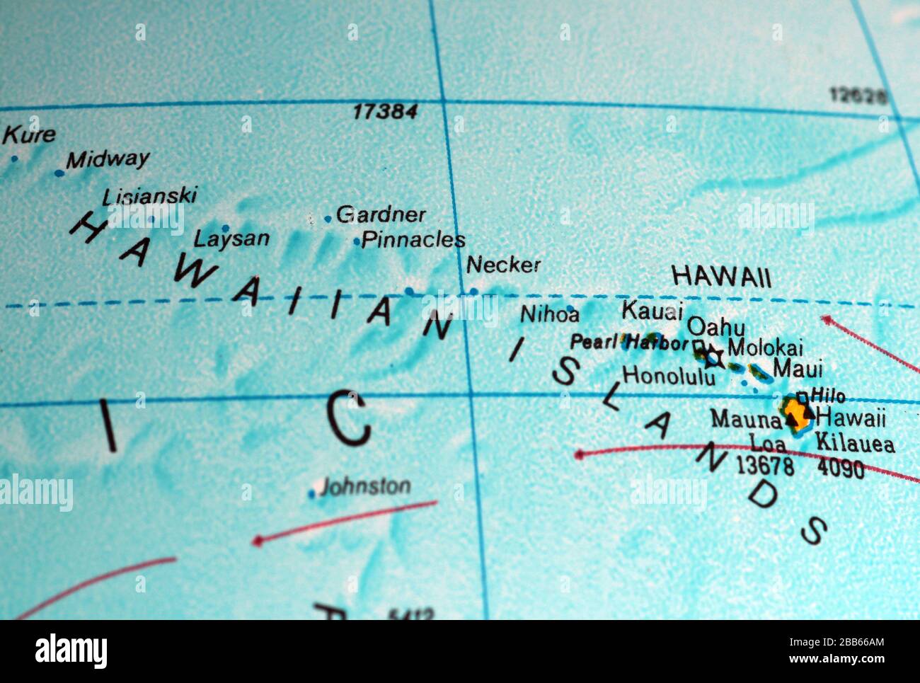 Karte der hawaiianischen Inseln auf altem Atlas Stockfoto