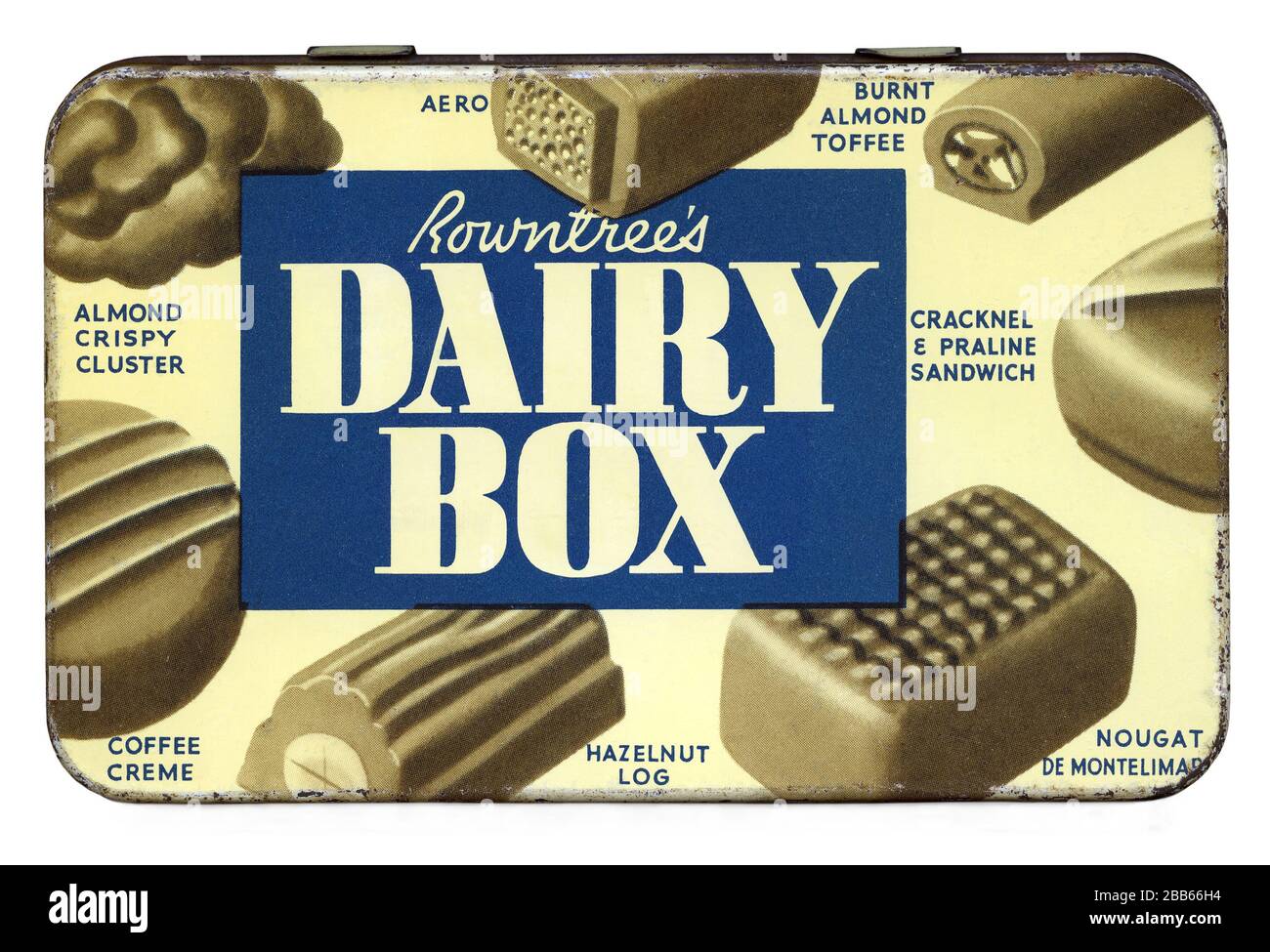 Das Top einer alten Dose aus den 1950er Jahren von Rowntree's "Airy Box" - die Metallbox enthielt eine Auswahl an Milchschokoladen einschließlich ihres berühmten Aero. Stockfoto