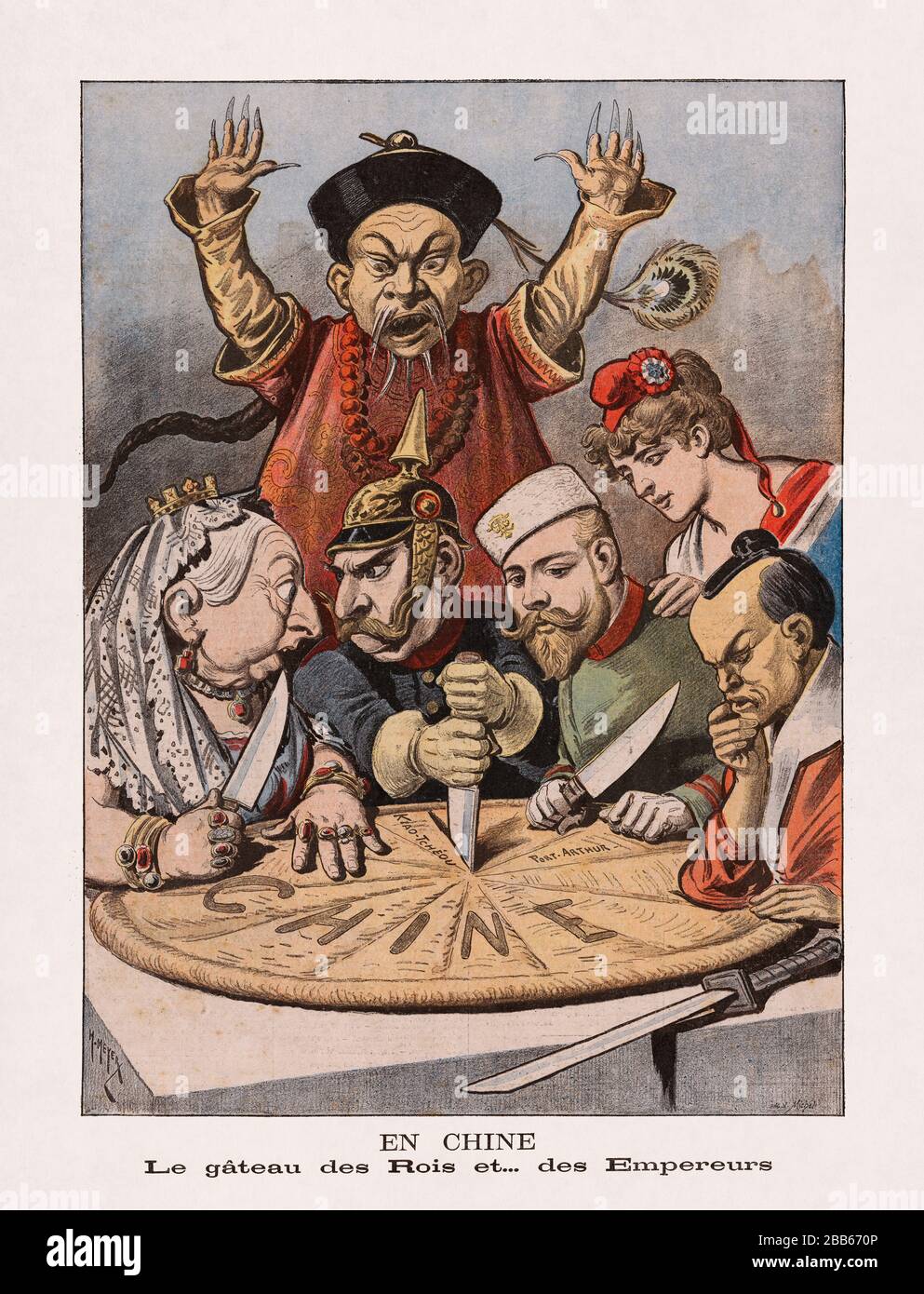Alte Illustration über die Kolonisierung Chinas mit dem Titel 'en Chine, Le gâteau des Rois et… Des Empereurs' von H. Meyer. Stockfoto