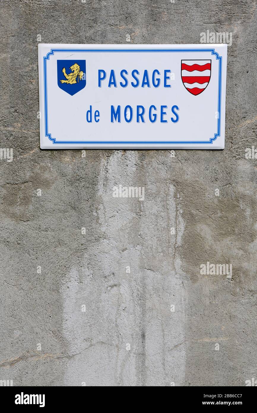 Passage de Morges. Plaque de rue. Saint-Gervais-les-Bains. Haute-Savoie. Frankreich. Stockfoto