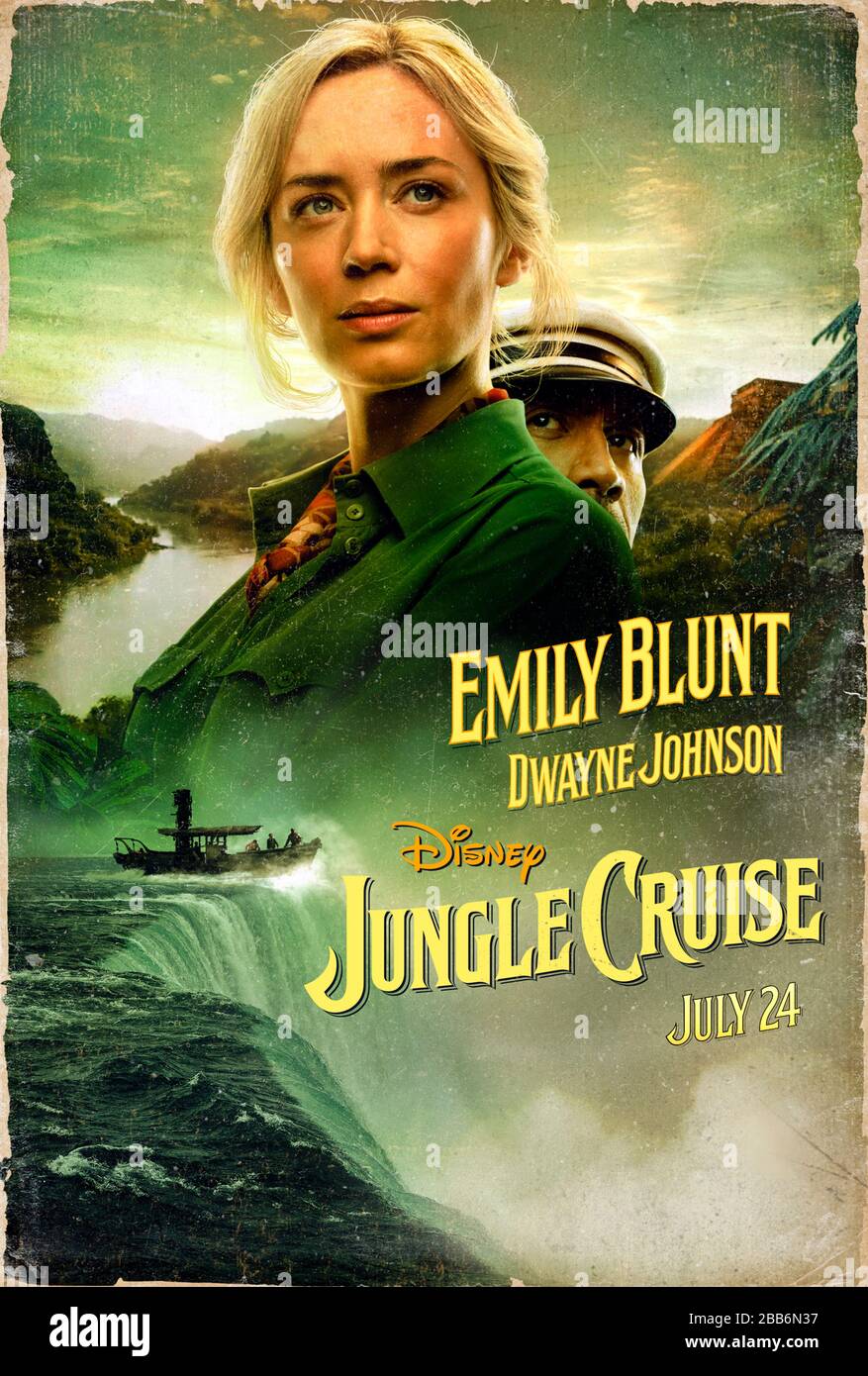 Dschungel Cruise (2020) unter der Regie von Jaume Collet-Serra und mit Emily Blunt als Entdeckerin Lily Houghton bei einer Forschungsmission im Amazonas in diesem großen Abenteuer auf der Grundlage von Disneylands Freizeitpark-Fahrt. Stockfoto