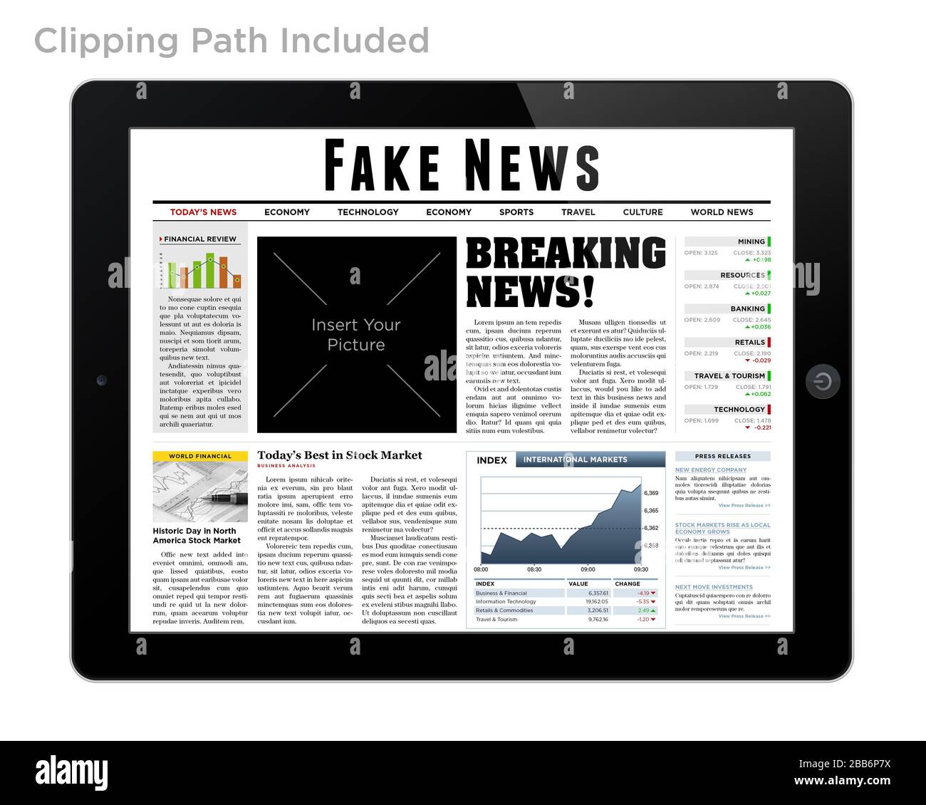 Ein isoliertes Tablet mit der Überschrift "Fake News". Stockfoto