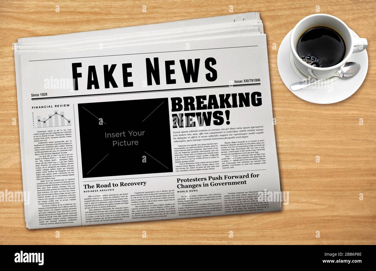 Eine Zeitung, die "Fake News" als Überschrift zeigt. Stockfoto