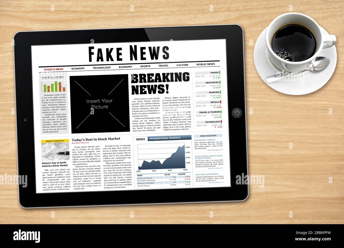 Ein Tablet mit der Überschrift "Fake News". Stockfoto