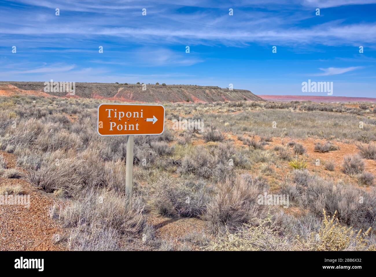 Hinweisschild auf Tiponi Point, Petrified Forest National Park, Arizona, USA Stockfoto