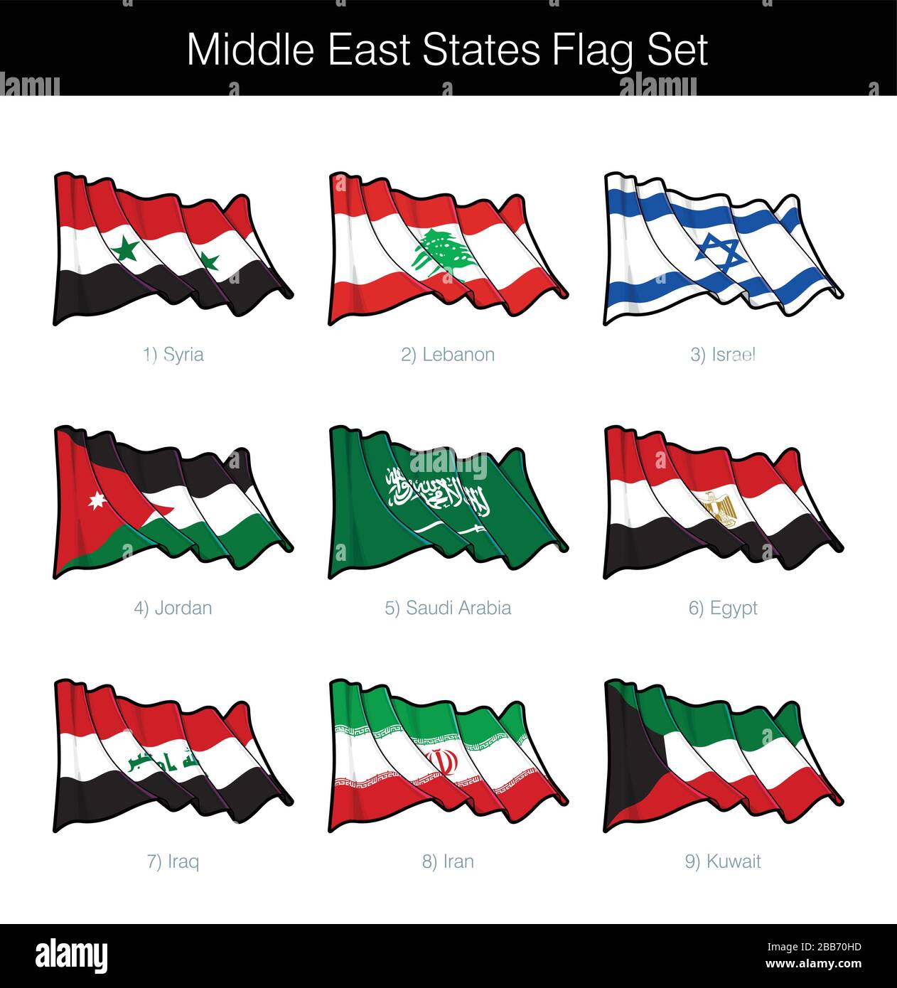 Mittlerer Osten Staaten Schwenkt Flagge Gesetzt. Der Satz umfasst die Flaggen von Syrien, Libanon, Israel, Jordanien, Saudi-Arabien, Ägypten, Irak, Iran und Kuwait. Vektor i. Stock Vektor