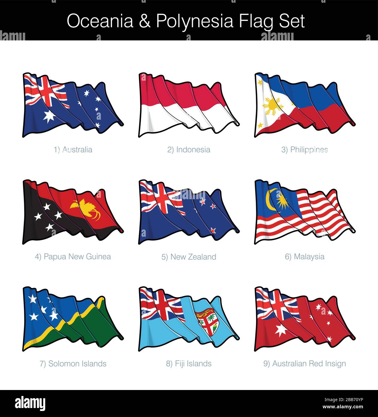 Oceania und Polynesien wehende Fahne gesetzt. Der Satz umfasst die Flaggen von Australien, Indonesien, Philippinen, Papua-Neuguinea, Neuseeland, Malaysia, Solom Stock Vektor