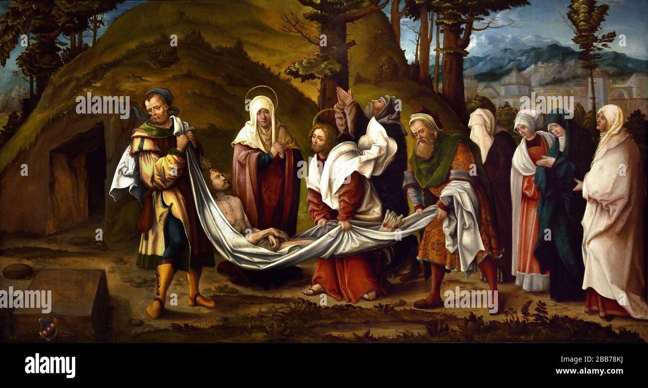 Christus wird etwa 1520 von Hans Burgkmair in einem historischen religiösen Tafelbild der nordischen Renaissance zur Grabstätte getragen, das die Grablegung von Jesus Christus zeigt Stockfoto
