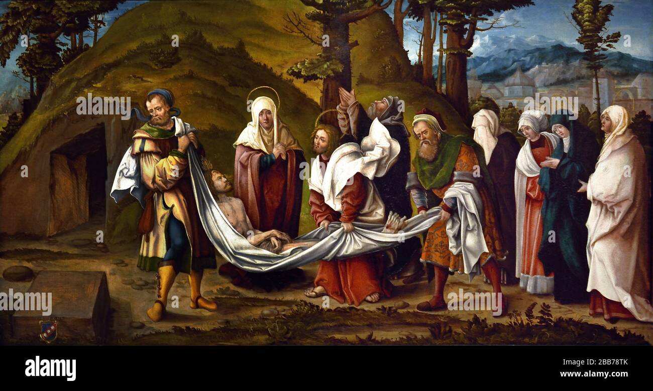 Christus wird etwa 1520 von Hans Burgkmair in einem historischen religiösen Tafelbild der nordischen Renaissance zur Grabstätte getragen, das die Grablegung von Jesus Christus zeigt Stockfoto