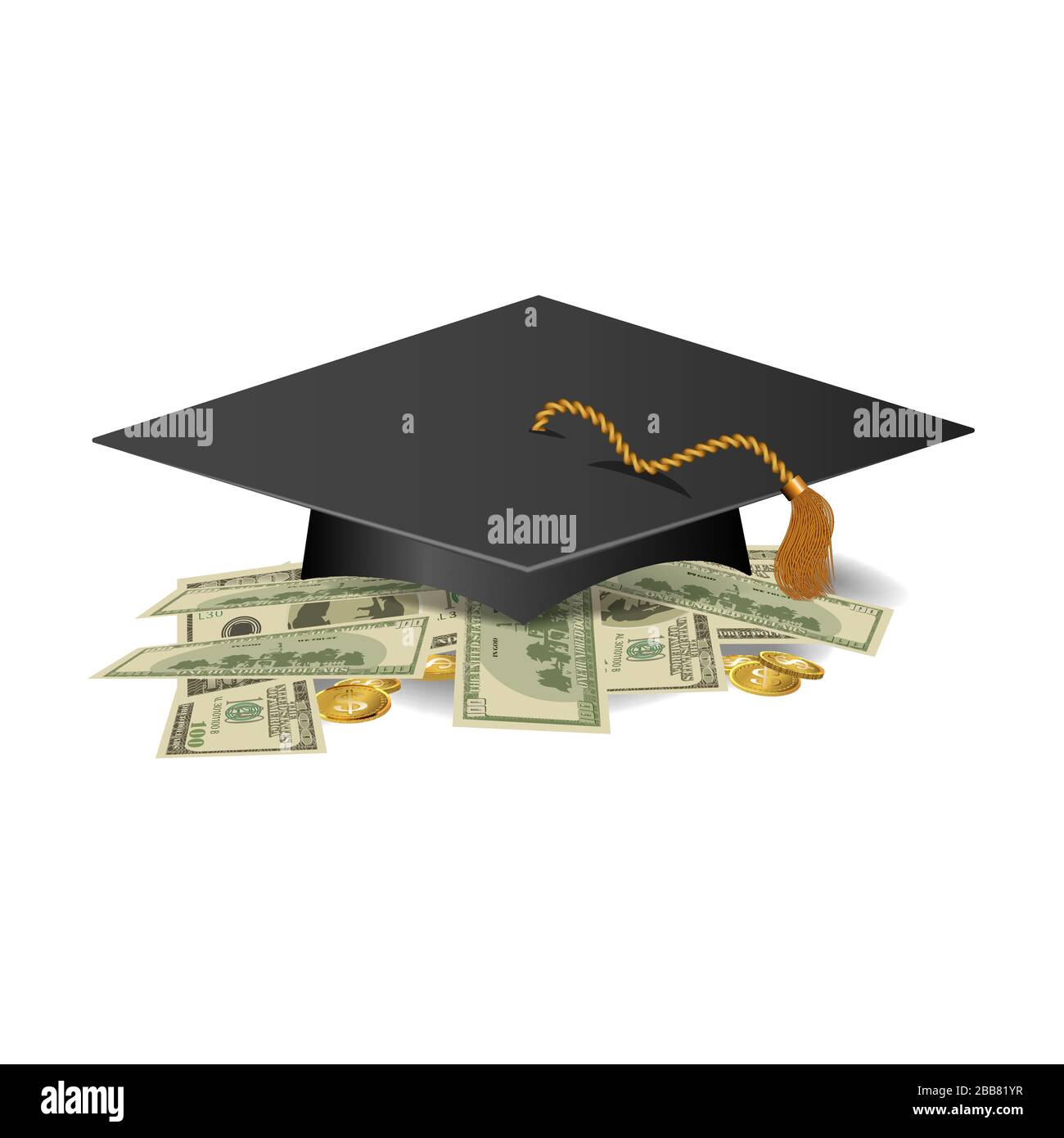 Graduierungskappe auf Geldhaufen und Münzen, Konzept der Bildungskosten. Investitionen in Bildung. Stock Vektor