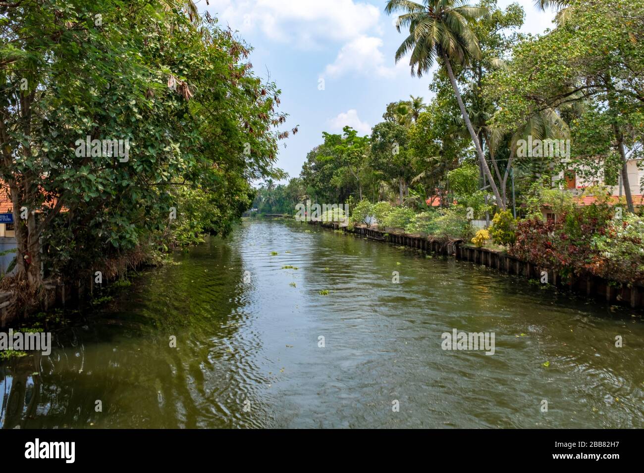 Auf einem Boot, das auf einem Hinterwasserkanal unterwegs ist. An einem sonnigen Frühlings-Nachmittag ohne Leute, Kerala, Indien Stockfoto
