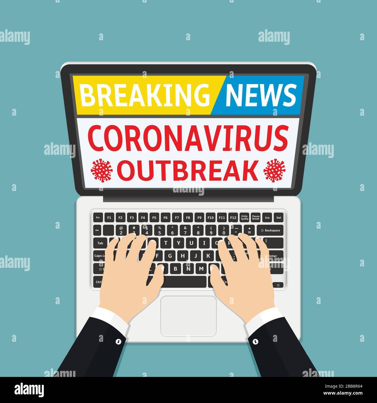 Coronavirus Kovid 19 bahnbrechendes neues flaches Designkonzept. Laptop für den menschlichen Gebrauch, um den Ausbruch von Coronavirus zu beobachten, der Nachrichten bricht. Stock Vektor