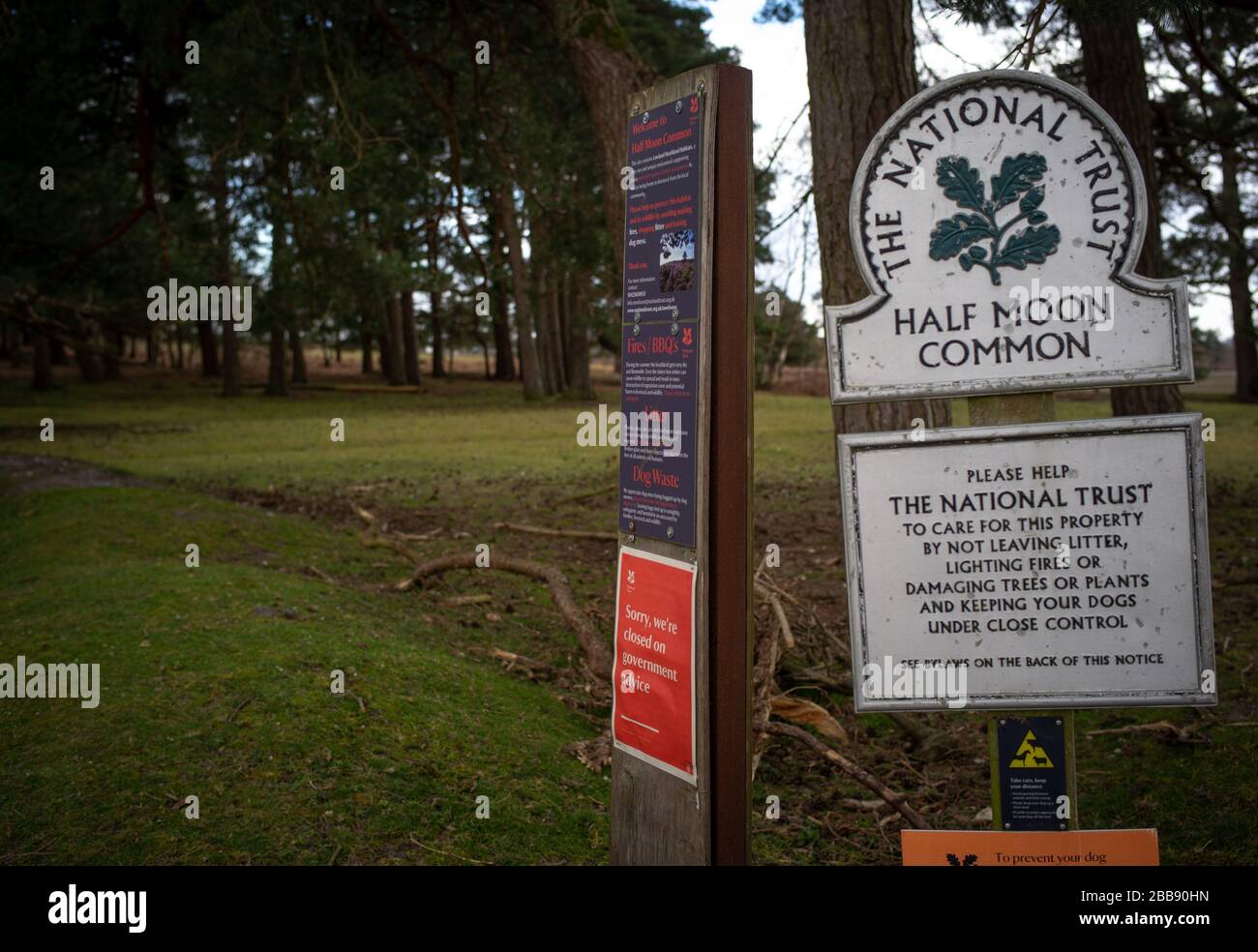 Ein Schild über das Land des nationalen Vertrauens, das besagt, dass wir auf Regierungsraten geschlossen sind. Das Land ist Half Moon Common am Rande des New Forest Hampshire. Stockfoto