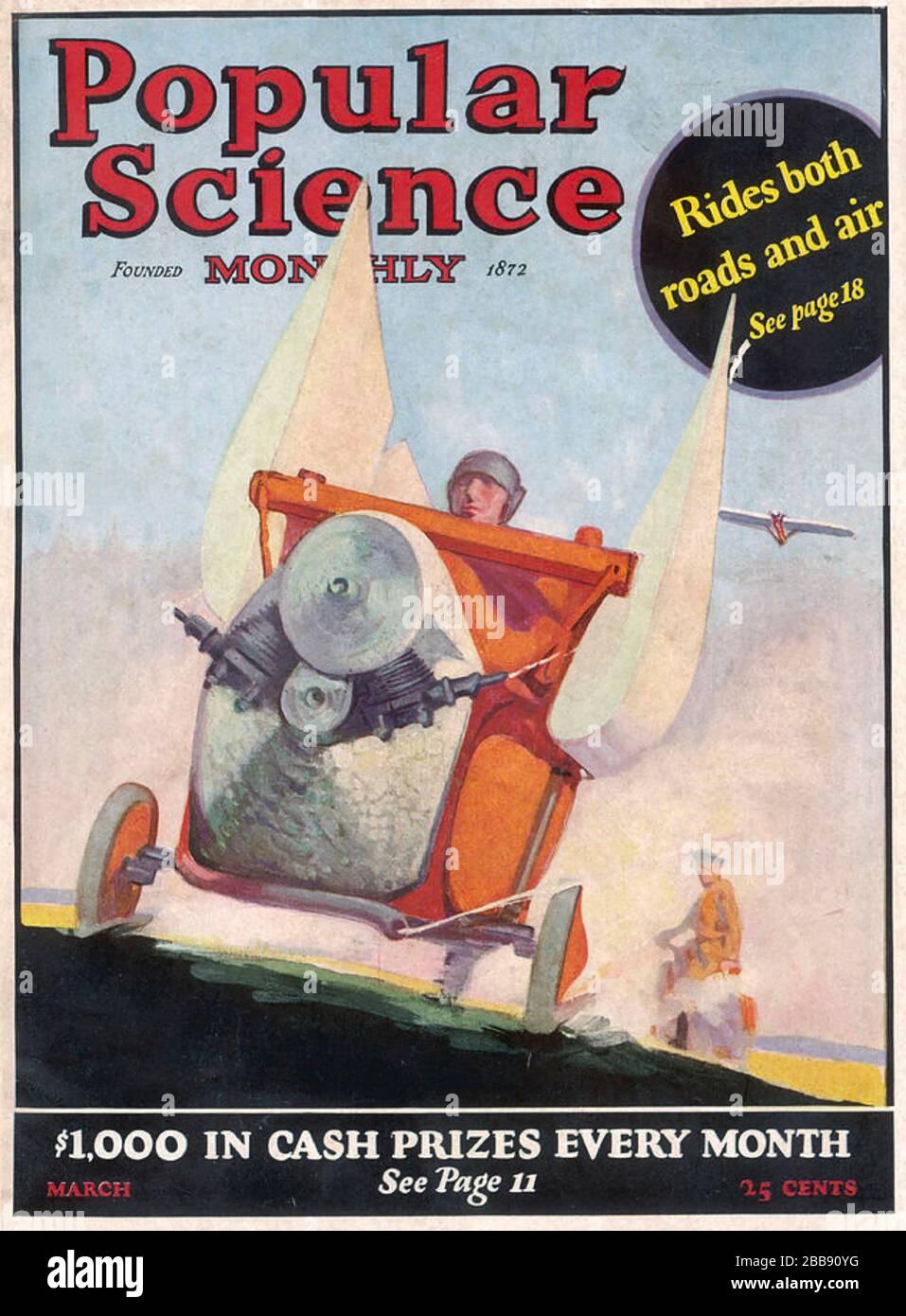 J. H MAYKEMPER Deutscher Bauingenieur aus Frankfurt mit seinem Flying Car auf dem Cover der amerikanischen Zeitschrift Popular Science im März 1926. Stockfoto