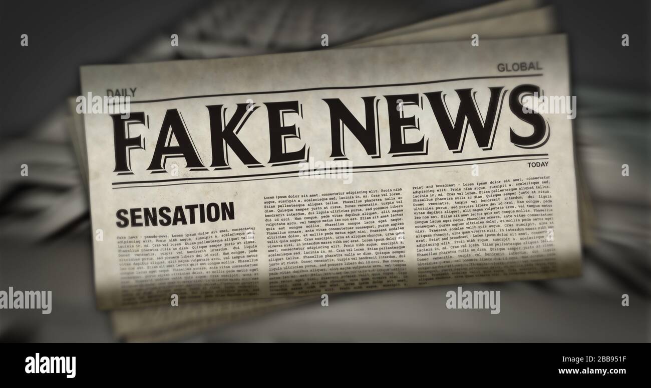 Gefälschtes Nachrichtenpapier, das 3D-Illustrationen druckt. Hoax Media Press produziert und verbreitet abstraktes Konzept. Stockfoto