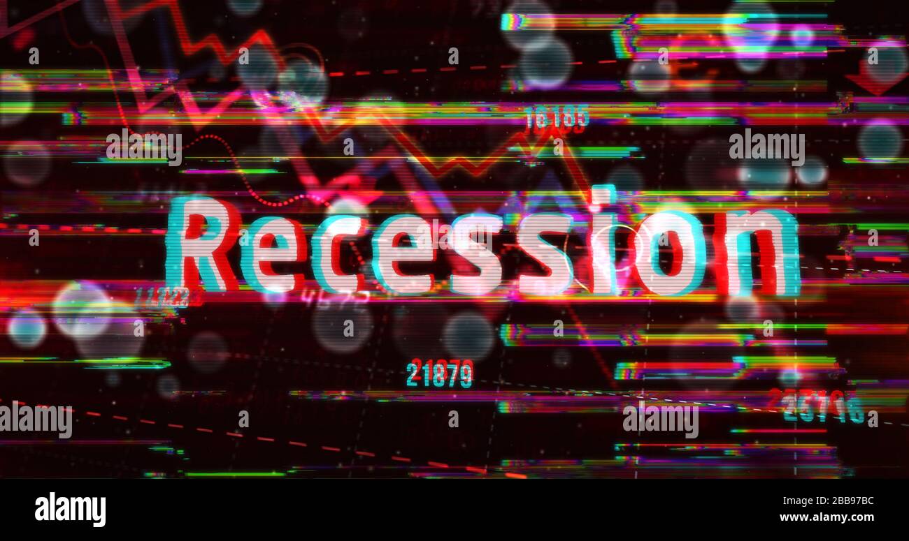 Wirtschaftskrise, Unternehmenscrash, Panik und Aktien-Rezession-Konzept mit steigenden Zahlen. 3D-Rendering mit Glitch-Noise-Effekt. Stockfoto