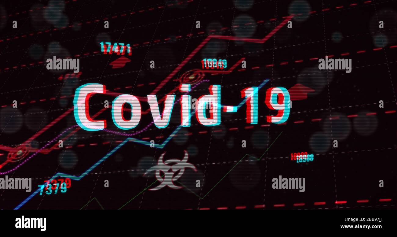 Covid-19 globale Pandemie mit steigenden Zahlen. Epidemische Warnung mit Zellen und wachsendem Diagramm im Hintergrund und Glitch-Lärm-Effekt. 3D-Rendering illust Stockfoto