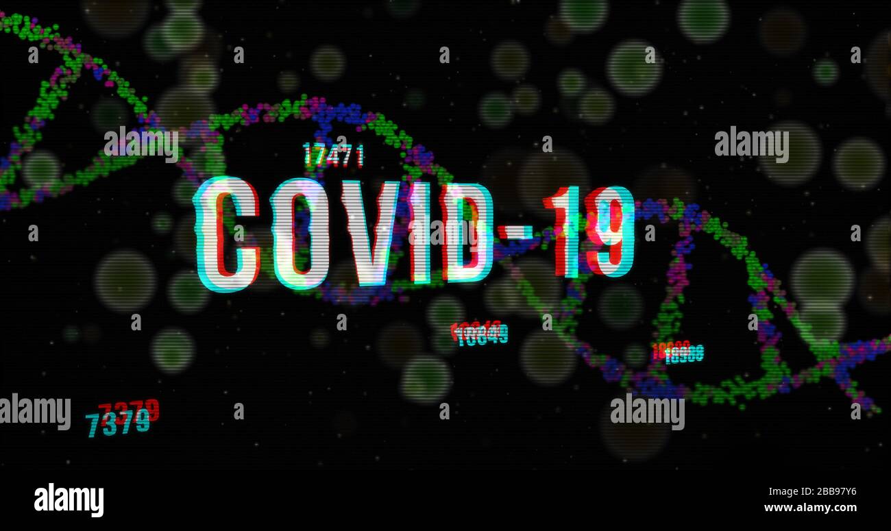 Covid-19 globale Pandemie mit steigenden Zahlen. Epidemische Warnung mit Zellen und dna-Helix im Hintergrund und Glitch-Lärm-Effekt. 3D-Rendering-Illustration Stockfoto