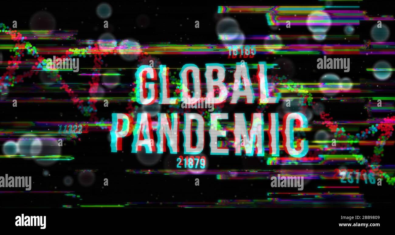 Covid-19 globale Pandemie mit steigenden Zahlen. Epidemische Warnung mit Zellen und dna-Helix im Hintergrund und Glitch-Lärm-Effekt. 3D-Rendering-Illustration Stockfoto